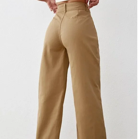 Khaki Plain Womens High Waist Wide Leg Jeans - Picture 3 of 5